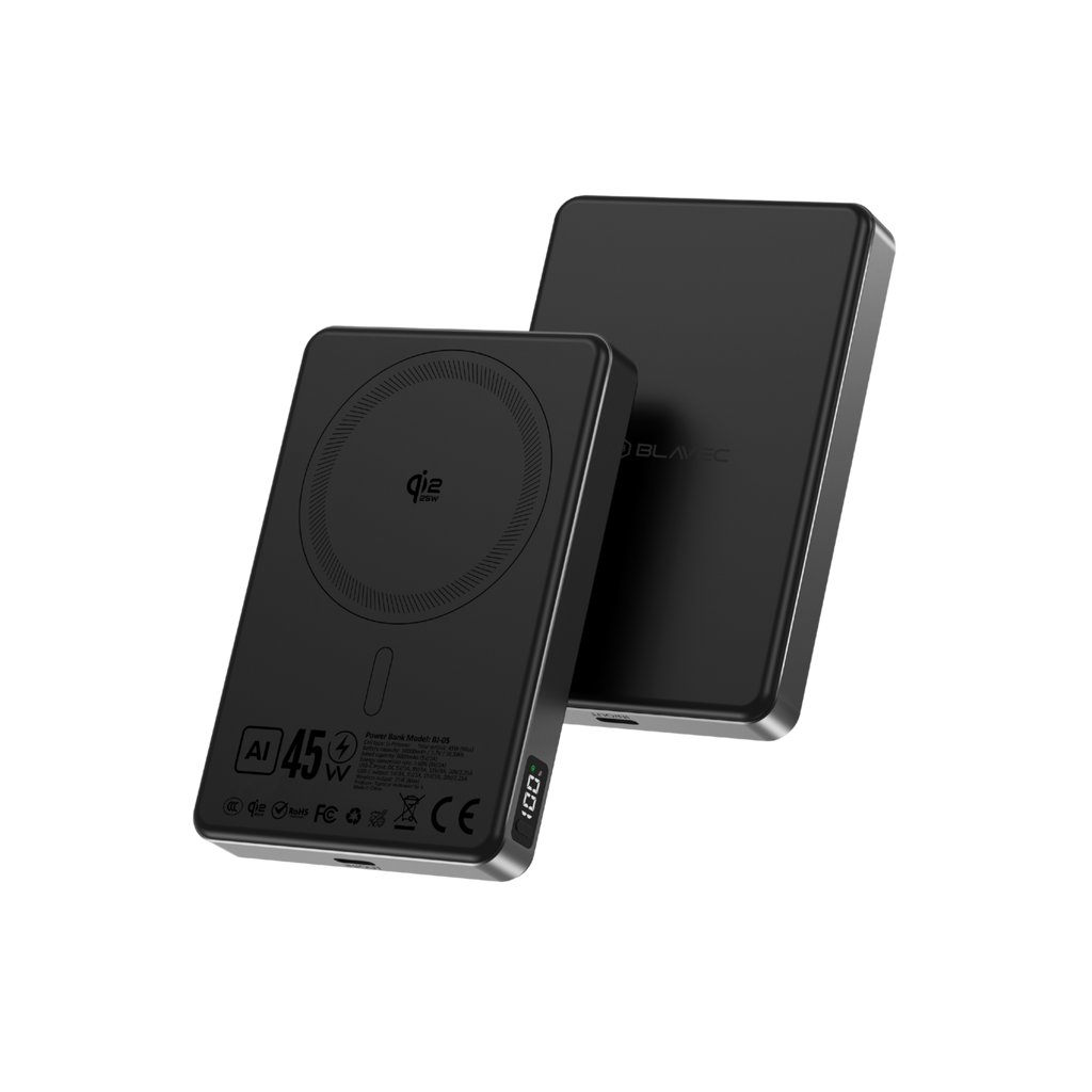 Ārējais akumulators Blavec BJ-05 10000 mAh, Qi2.2 25 W / PD 45 W, MagSafe, melns alumīnijs