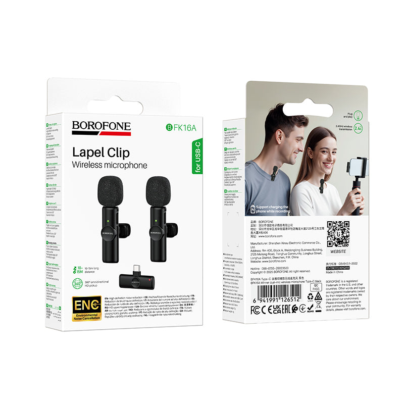 Borofone BFK16A Winner bezvadu piespraužamo mikrofonu komplekts, USB-C, 2 gab., melns