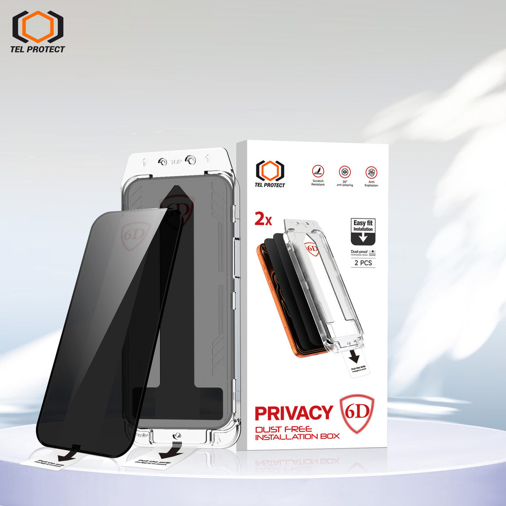 Tel Protect Dust-Free Easy Fit Privacy Full Glue 6D aizsargstikls iPhone 13/13 Pro/16E/17E, melns, 2 gab.