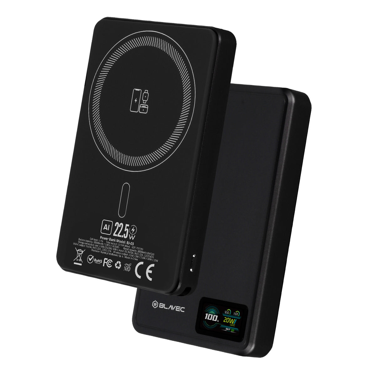 Ārējais akumulators Blavec Power Bank 10000mAh BJ-03 Slim 13,5mm - Type C - 22,5W magnetic Magsafe 3 in 1 (PBBJ03-MC10B) black aluminum — attēls 2