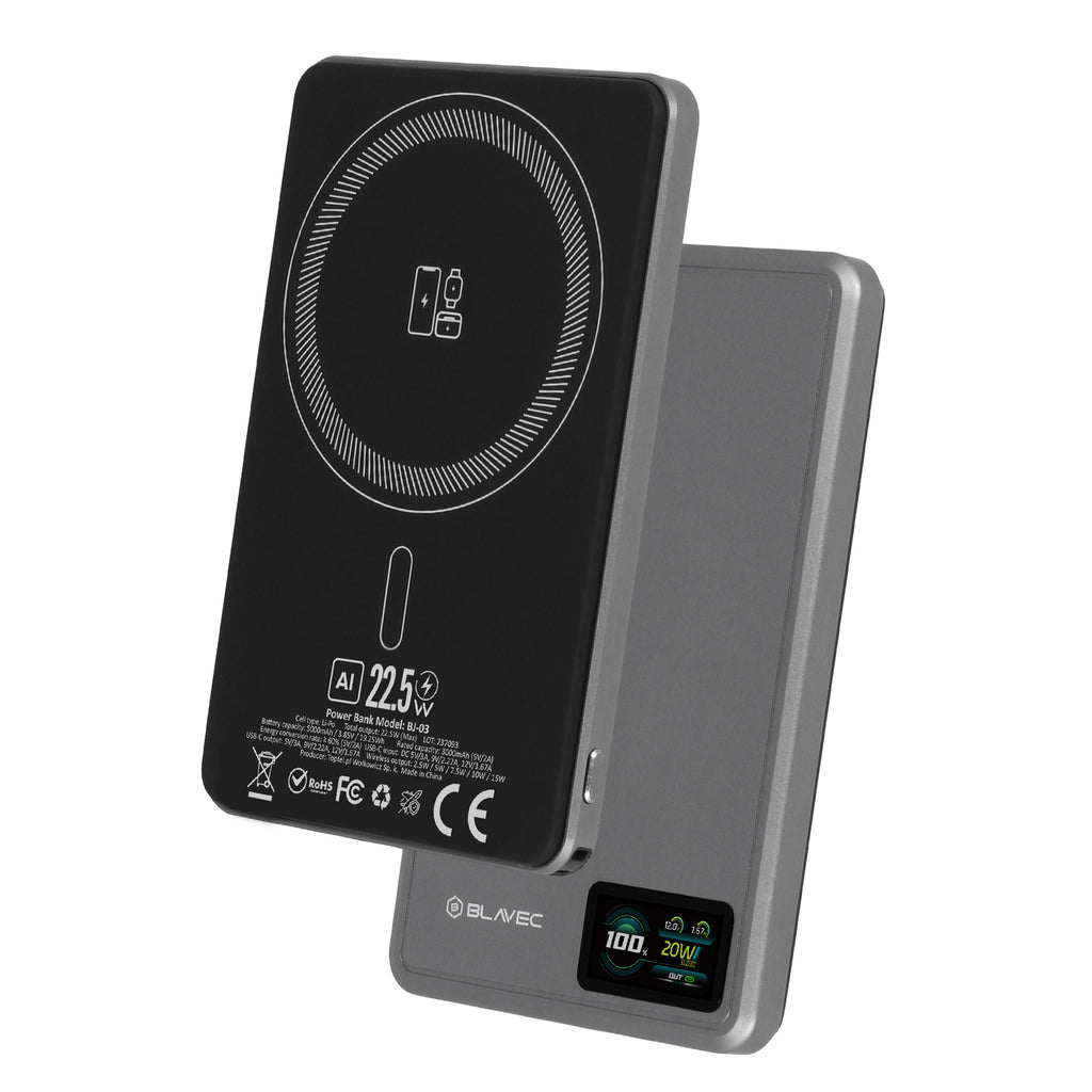 Ārējais akumulators Blavec BJ-03 5000 mAh, 22,5 W, MagSafe 3-in-1, pelēks alumīnijs