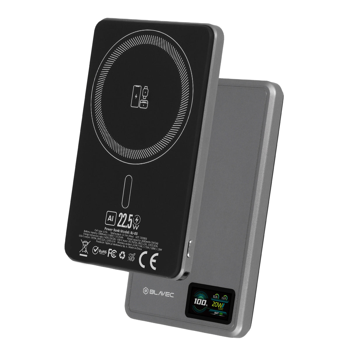 Ārējais akumulators Blavec BJ-03 5000 mAh, 22,5 W, MagSafe 3-in-1, pelēks alumīnijs