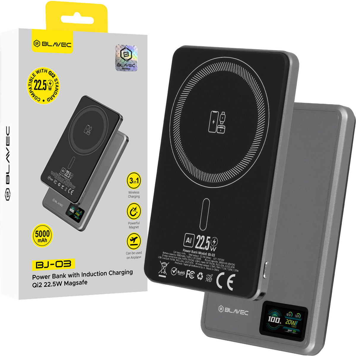 Ārējais akumulators Blavec BJ-03 5000 mAh, 22,5 W, MagSafe 3-in-1, pelēks alumīnijs