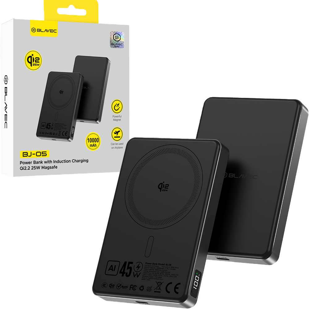 Ārējais akumulators Blavec BJ-05 10000 mAh, Qi2.2 25 W / PD 45 W, MagSafe, melns alumīnijs
