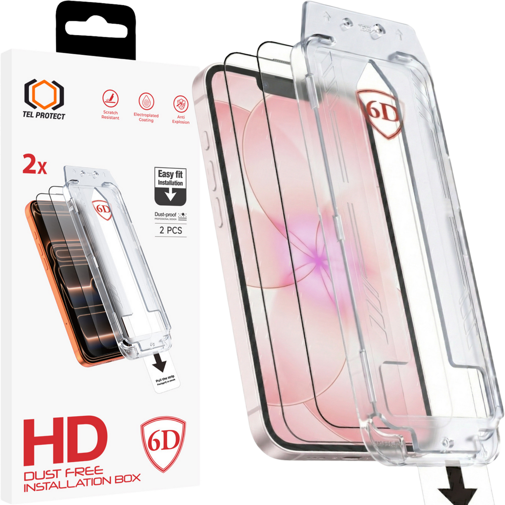 Tel Protect Dust-Free Easy Fit Full Glue 6D aizsargstikls iPhone 13/13 Pro/16E/17E, melns, 2 gab.