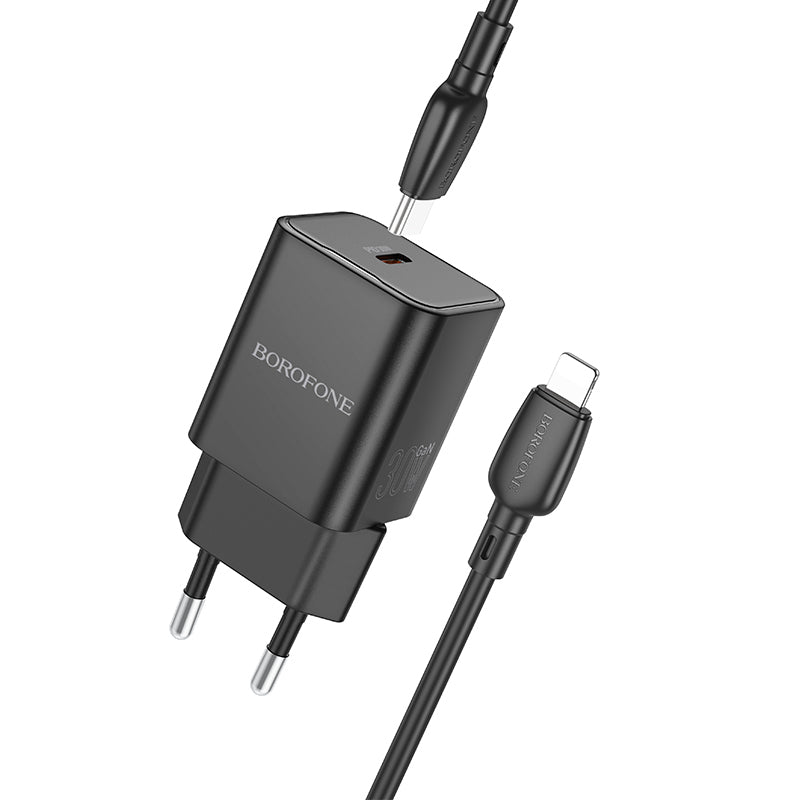 Uzlādes adapteris Borofone Wall charger BN13 Safety GaN - Type C - PD 30W with Type C to Lightning cable black