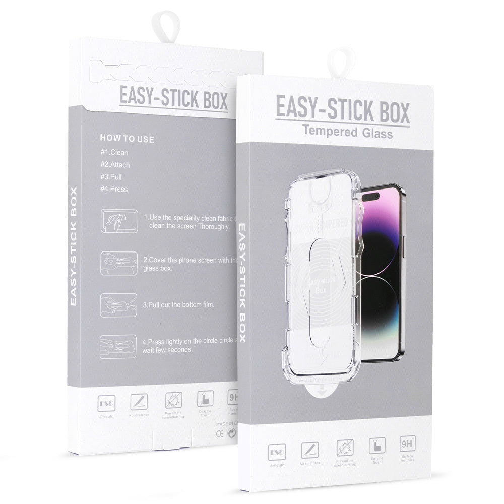 Aizsargstikls iPhone 15 PLUS – Full Glue Easy-Stick Box, melns