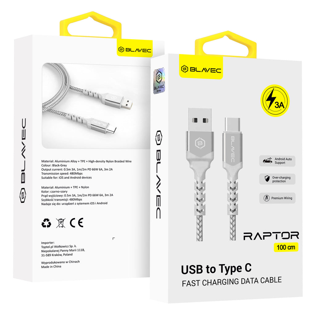 Kabelis Blavec Cable Raptor braided - USB to Type C - 3A 1 metre Apple CarPlay/Android Auto (CRA-UC3WS10) white-silver
