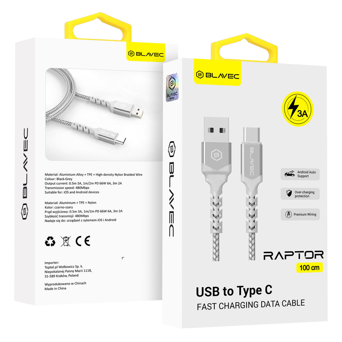 Kabelis Blavec Cable Raptor braided - USB to Type C - 3A 1 metre Apple CarPlay/Android Auto (CRA-UC3WS10) white-silver