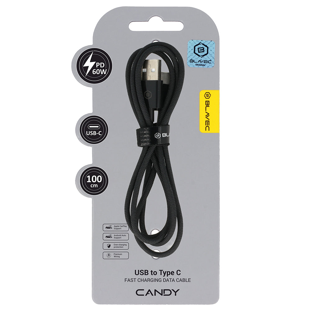 Kabelis Blavec Cable Candy braided - USB to Type C - PD 60W 3A 1 metre Apple CarPlay/Android Auto (CCA-UC3B10) black