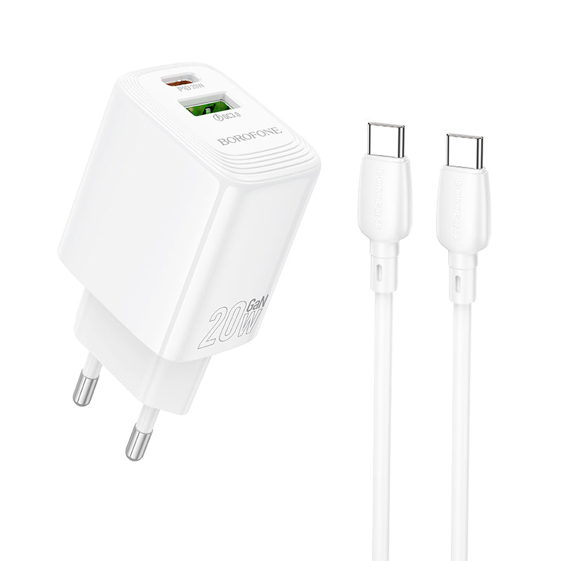 Uzlādes adapteris Borofone Wall charger BN27 Fuente - USB + Type C - QC 3.0 PD 20W with Type C to Type C cable white